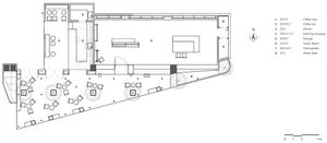 A detailed floor plan of an interior coffee shop design.