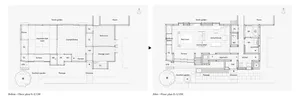 A floor plan comparison showing before and after renovations of a residential space.