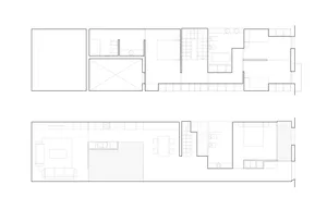Floor plan of a minimalist residential house with concrete walls and floor.