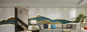 Modern interior design with abstract paint mural on the wall, featuring shades of blue and green.