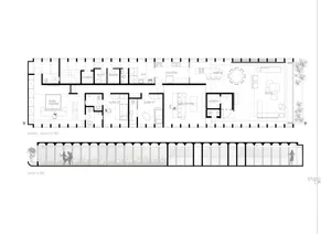Minimalist residential floor plan showing a layout with suites, living areas, and shared spaces.