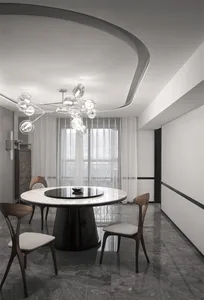 Modern dining room with marble table, wooden chairs, and glass chandelier.