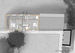 Floor plan of a modern minimalist residential structure with minimal decorations, natural light, and a simple layout.