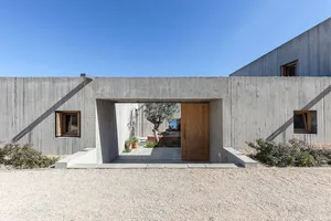 A modern concrete house with a wooden door and a small tree in front of it, set against a clear blue sky.