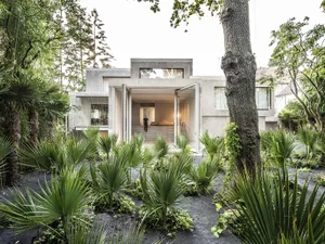 Modern residential building with concrete exterior surrounded by a vibrant garden with various green plants.