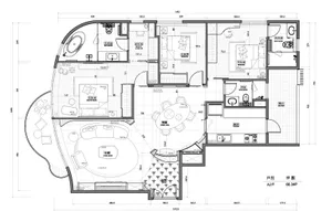Floor plan of a residential house with modern design elements, including a living room, kitchen, bedrooms, bathrooms, and a b