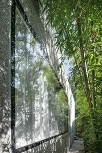 一面現代建築石牆，映照出周圍的綠意與樹木。