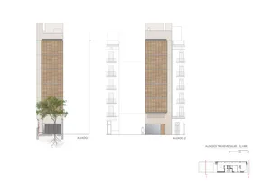 A modern building exterior with wooden panels and balconies.