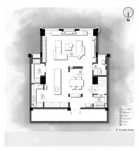 Modern living room layout with a living area, a kitchen, a balcony, a bathroom, and a restaurant.
