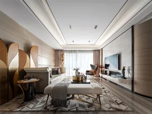 A modern living room featuring a wooden texture with a comfortable sofa, coffee table, and decorative elements.