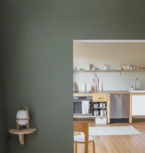 Modern minimalist kitchen with wooden cabinets and open shelving.