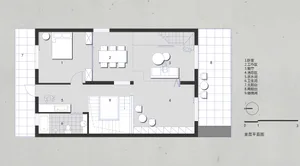 A 2D architectural drawing of a modern residential floor plan featuring a living room, kitchen, and bedrooms.