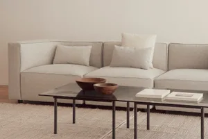 A contemporary living room featuring a comfortable sectional sofa with textured fabric upholstery, a sleek coffee table, and