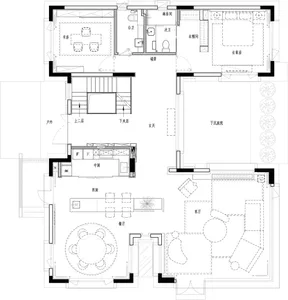 Floor plan of a modern residential interior design with a living room, kitchen, bedrooms, and bathrooms.