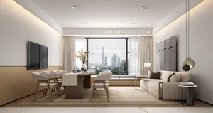 A modern living room with a neutral color palette featuring a white sofa, wooden table, and minimalist decor.