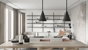 Modern minimalist living room with marble accents and wooden furniture.