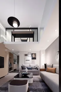 A contemporary living room featuring minimalist furniture and neutral finishes, with a focus on clean lines and a monochromat