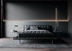 A modern bedroom featuring a black upholstered bed with textured fabric, minimalistic decor, and ambient lighting.