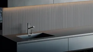 Modern kitchen featuring a black stainless steel sink and countertop.