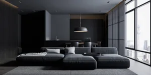 A modern living room with dark furnishings and a city view.