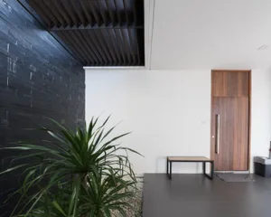Contemporary entryway with concrete and wood finishes.