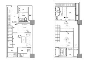 A detailed architectural floor plan of a modern interior design showcasing a kitchen, living room, and bathroom.