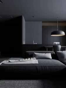 Modern living room with dark furniture, minimalist design, and sleek lighting.