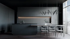 Modern minimalist kitchen featuring dark wood cabinets and a sleek, modern design.