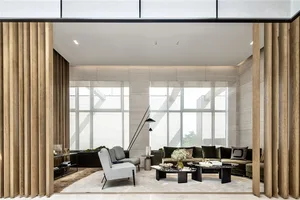 A modern living room with neutral-toned furniture and minimalistic decor.
