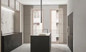 A modern residential interior featuring marble, light wood, and concrete finishes.