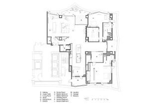 An architectural floor plan of a modern house showing living spaces, bedrooms, bathrooms, and storage areas.