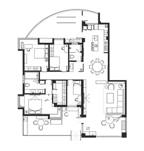 Modern apartment layout with open living space, kitchen, bedrooms, and bathrooms.