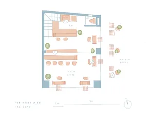 A rendered, detailed floor plan of a cafe showing interior and outdoor seating arrangements, bar, washroom, and furniture lay