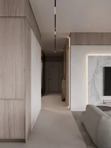 Modern living room featuring wood accents and minimalist design.