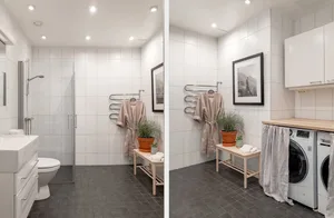 A modern minimalist bathroom and laundry space with white tiled walls, grey tiled floor, a white vanity, a walk-in shower, an