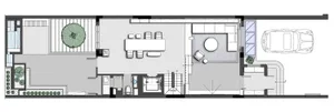 Floor plan of a modern residential living space with a concrete floor.