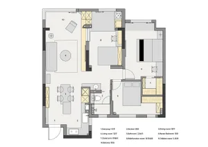 A modern apartment layout with white color scheme and mixed materials.