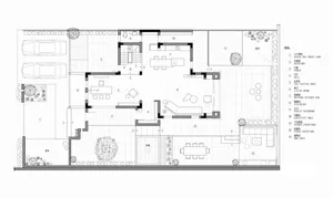 Modern interior design floor plan featuring a living room, dining area, kitchen, bedrooms, and bathrooms with contemporary fi