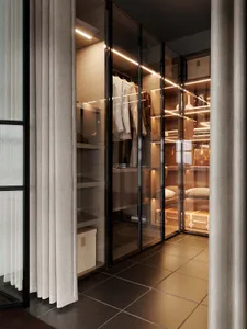 Modern minimalist wardrobe featuring glass doors and LED lighting.