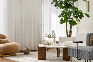 A minimalist living room with white furniture, green plants, and a large window.