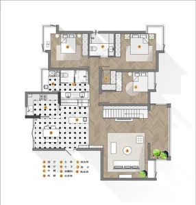 A detailed architectural floor plan of a modern house featuring wooden flooring.