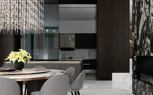Modern kitchen with marble countertop, glass cabinetry, and industrial design elements.