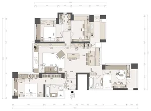 A modern living space with a tile floor plan.