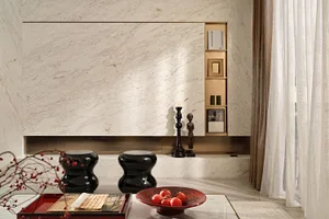 A modern minimalist living room featuring marble walls and glass elements.