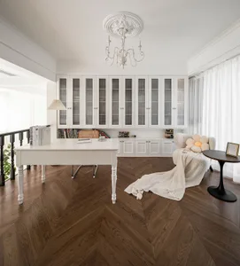 Modern residential interior featuring wood, glass, and white materials