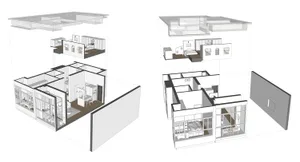Illustration of a modern interior design featuring a concrete floor plan.