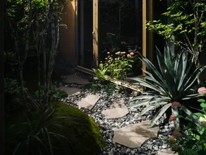 A modern garden path featuring stones and gravel surrounded by lush greenery and plants.