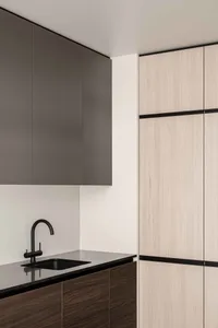 A modern kitchen featuring black countertops and wooden cabinets.