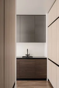 Minimalist modern kitchen featuring wood cabinetry and a glass backsplash.