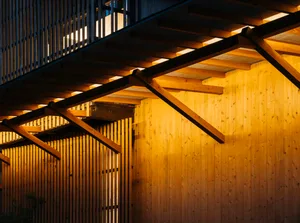A modern building exterior composed of wooden elements and beams illuminated by warm lighting.